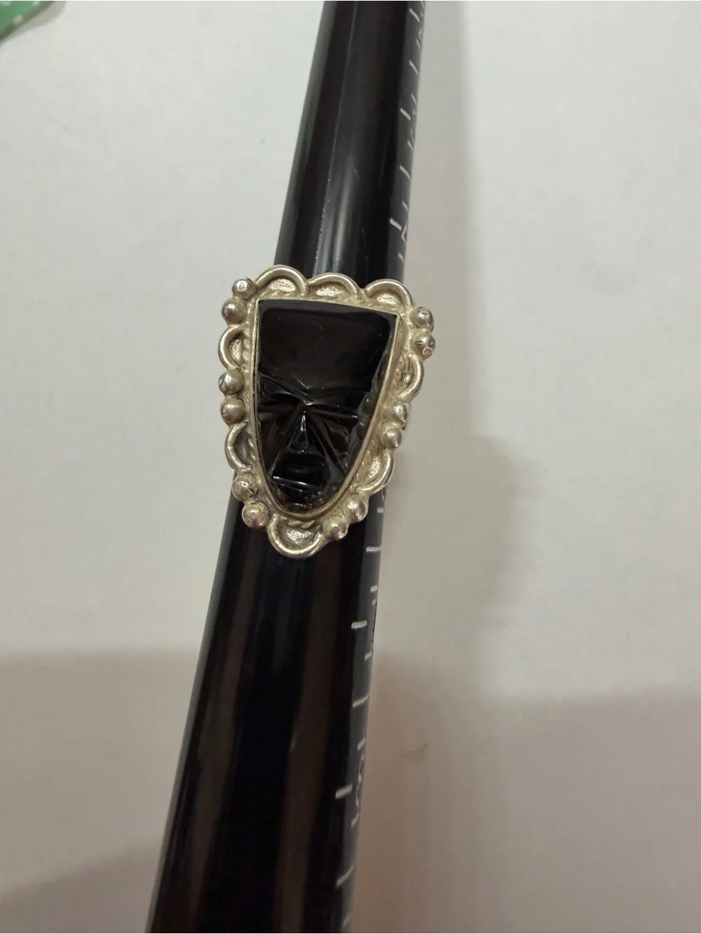 Vintage Sterling Silver Carved Black Onyx Aztec Warrior Mask Ring Size 5.5‎